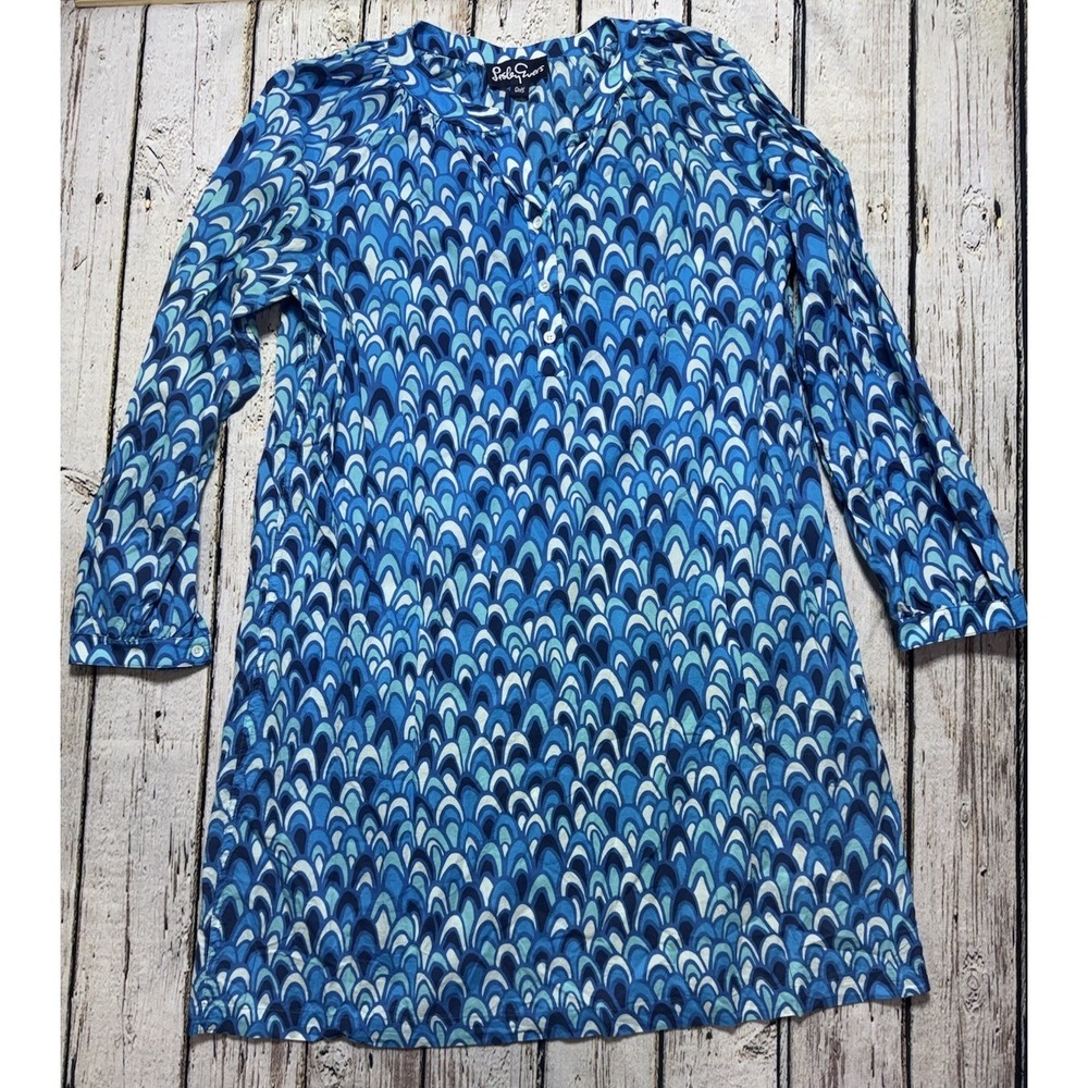 Lesley Evers Blue Patterned Long Sleeve Lightweight Cotton Dress 1X Made In USA